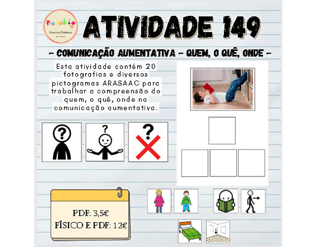 Atividade 149 - Comunicação aumentativa - Quem, o quê, onde - Físico e PDF