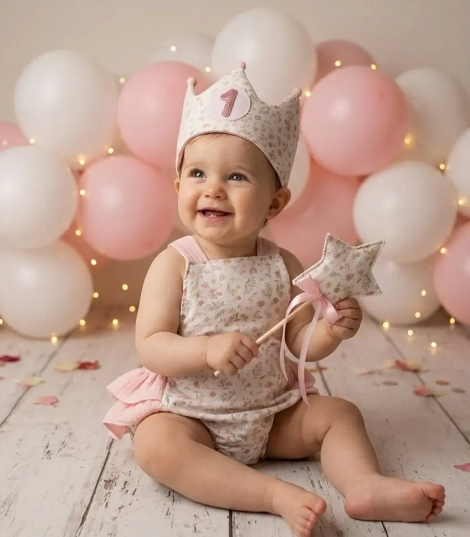  Conjunto corona cumpleaños y ranita Florecitas muselina 4