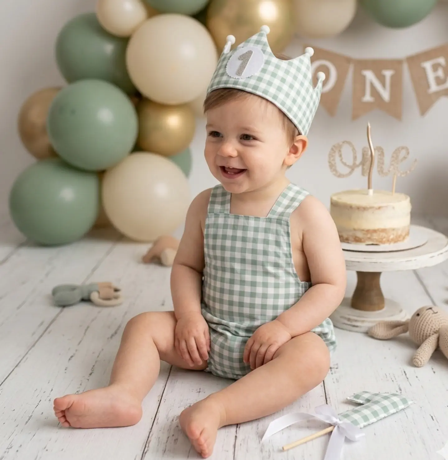  Conjunto corona cumpleaños y peto Vichy mint 4