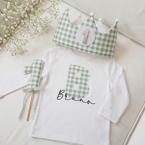  Conjunto corona de cumpleaños y camiseta Vichy mint