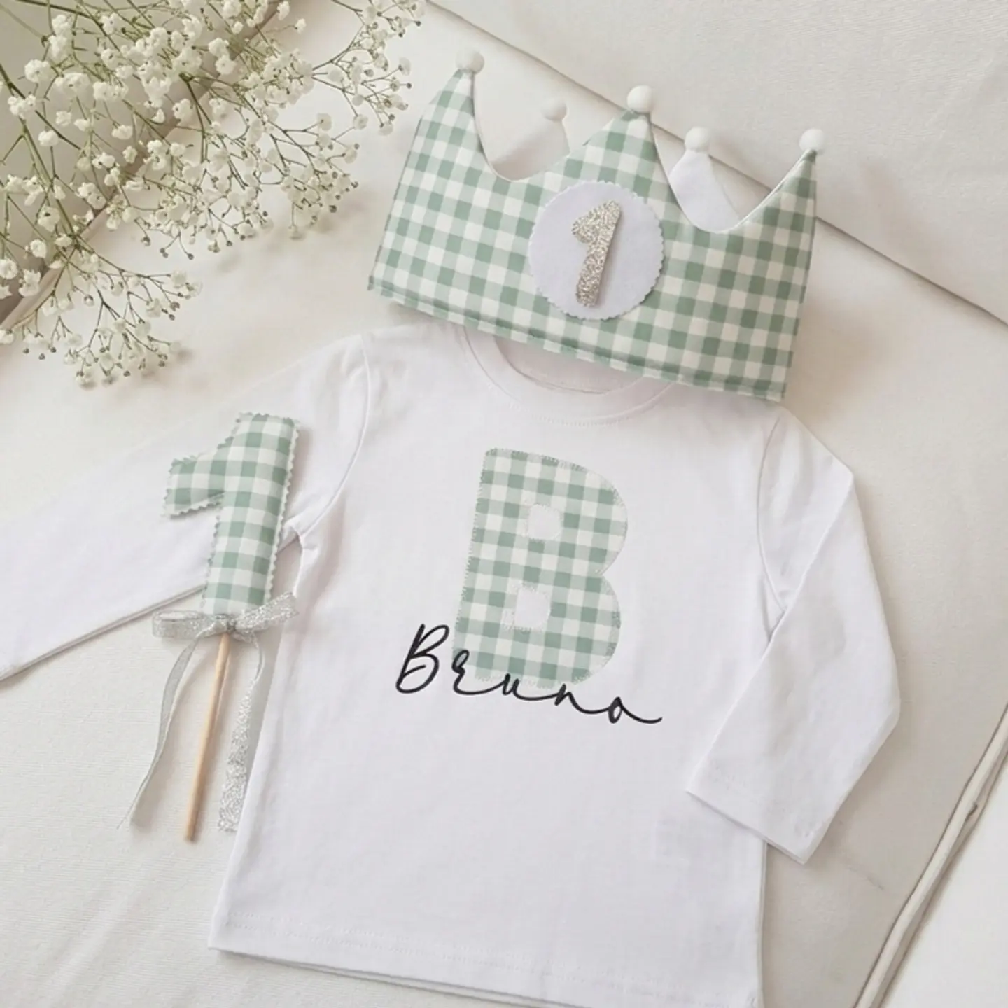  Conjunto corona de cumpleaños y camiseta Vichy mint 1