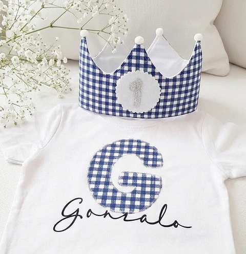  Conjunto corona de cumpleaños y camiseta Vichy azul marino