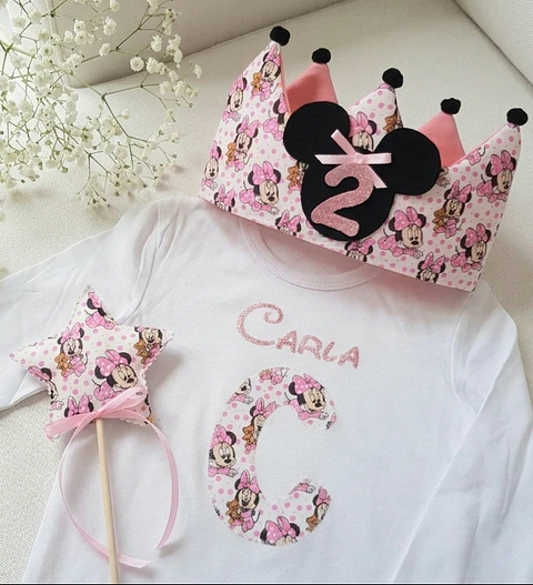  Conjunto corona de cumpleaños y camiseta Minnie bebé 