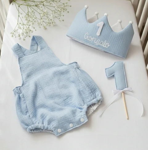  Conjunto corona cumpleaños y peto muselina, varios colores