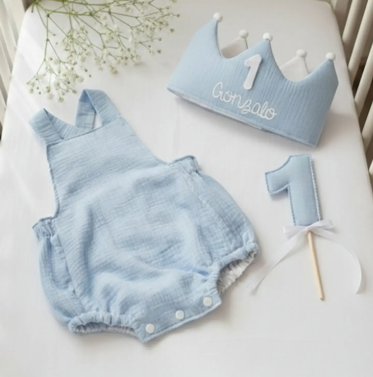  Conjunto corona cumpleaños y peto muselina, varios colores 1