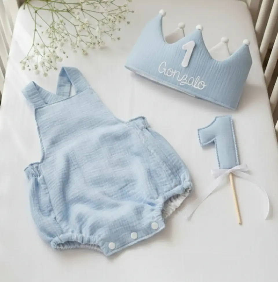  Conjunto corona cumpleaños y peto muselina, varios colores 1