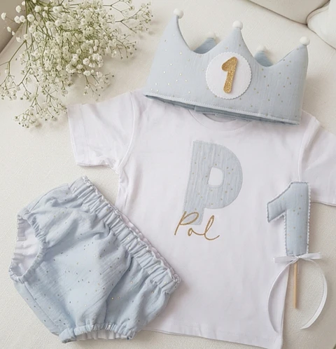  Conjunto cumpleaños Muselina azul con topos dorados