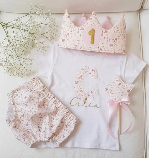  Conjunto cumpleaños Florecitas rosa y mostaza