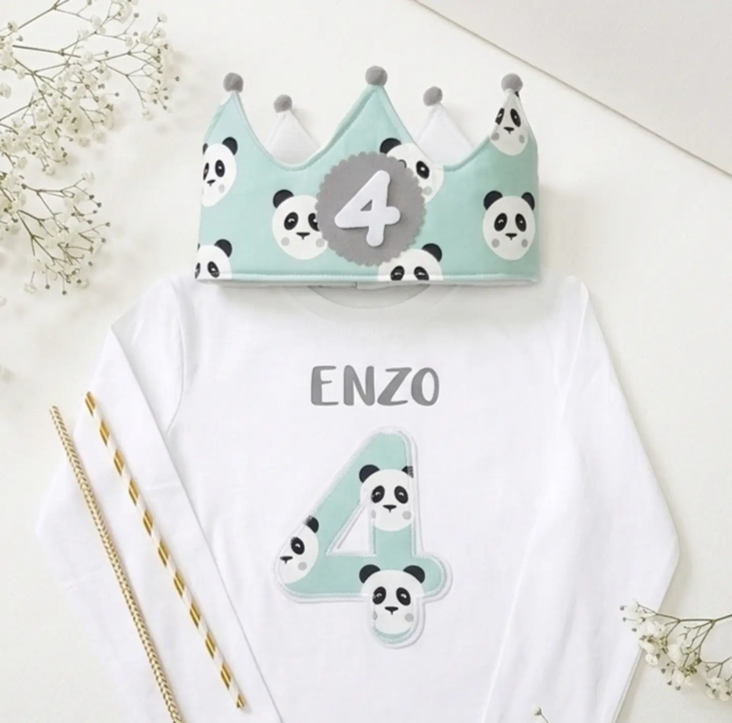  Conjunto corona de cumpleaños y camiseta Pandas mint 1