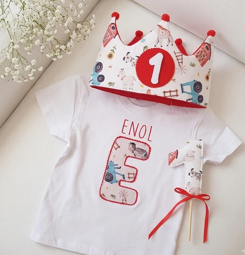  Conjunto corona de cumpleaños y camiseta Animales de la granja 