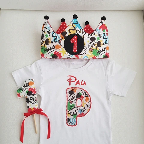  Conjunto corona de cumpleaños y camiseta Mickey