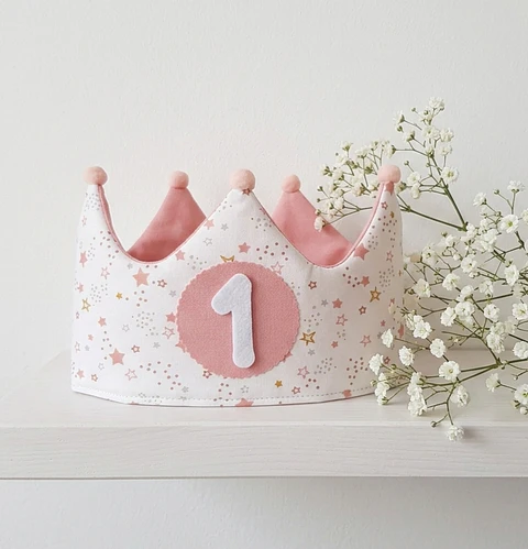 Corona de cumpleaños Estrellas rosa y mostaza