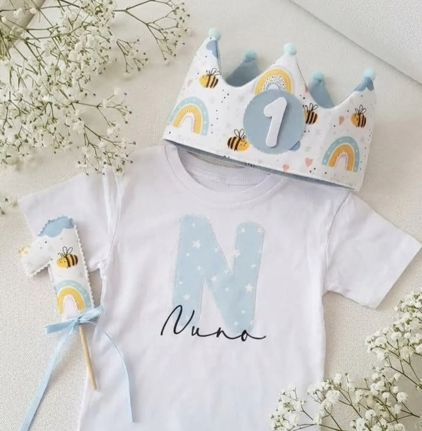  Conjunto corona de cumpleaños y camiseta Arcoíris azul 1