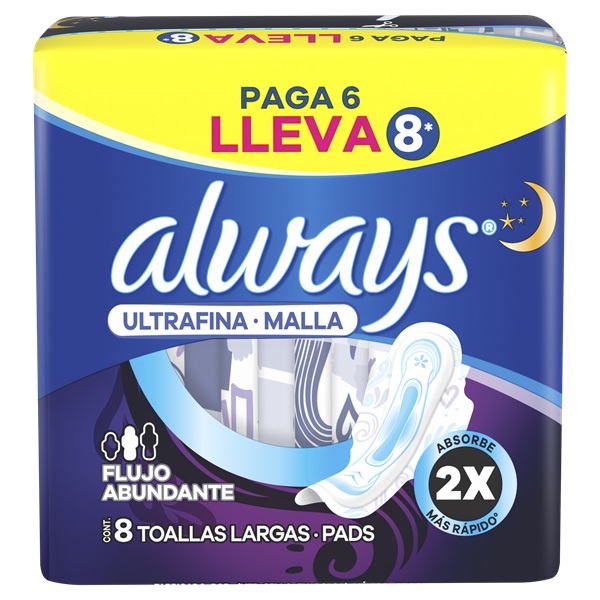 Toalla Femenina Always Ultrafina Nocturna Malla con Alas ( 3 x 8 UD )