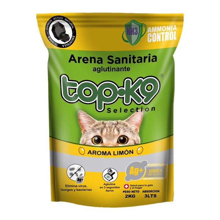 Arena Sanitaria para Gatos Topk9 Aglutinante Limón ( 2 KG )