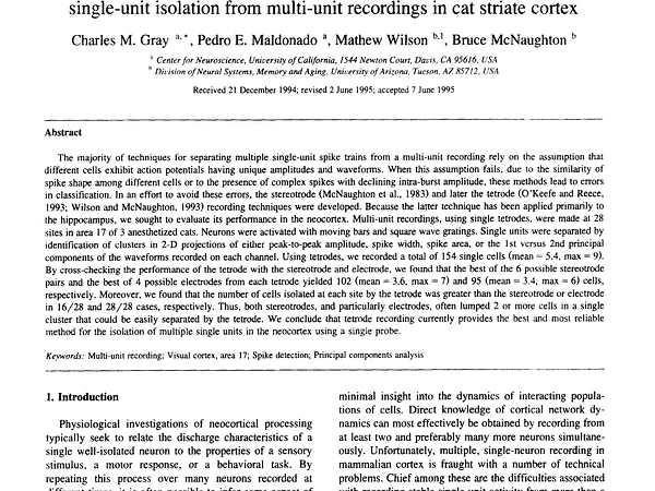 Tetrodes markedly improve the reliability and yield of multiple  single-unit isolation from multi-unit recordings in cat striate cortex 