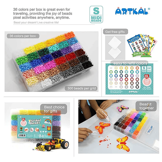 Kit Hama Beads - Artkal 36 Colores 11.100 Beads 5mm + Accesorios