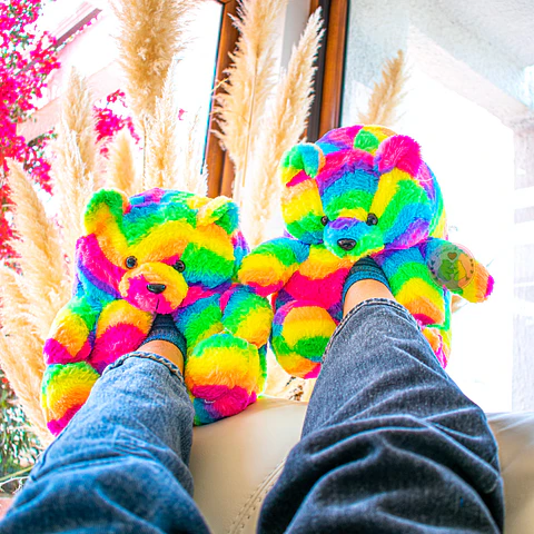Pantuflas Peluche Osito Arcoíris – Regalo Suave y Tierno