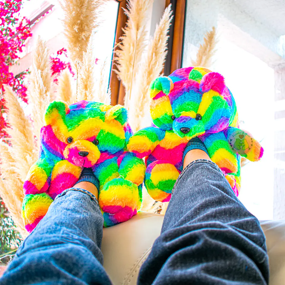 Pantuflas Peluche Osito Arcoíris – Regalo Suave y Tierno 1