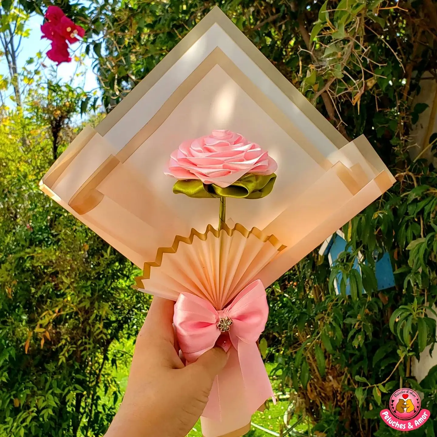 Rosa Eterna de Cinta de Satín - Rosado | Hecho a Mano 3