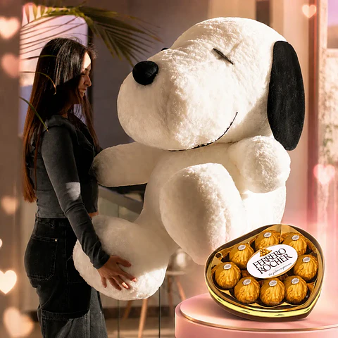 Pack Peluche Snoopy Gigante 100 cm + Ferrero Rocher Corazón 8 Uds