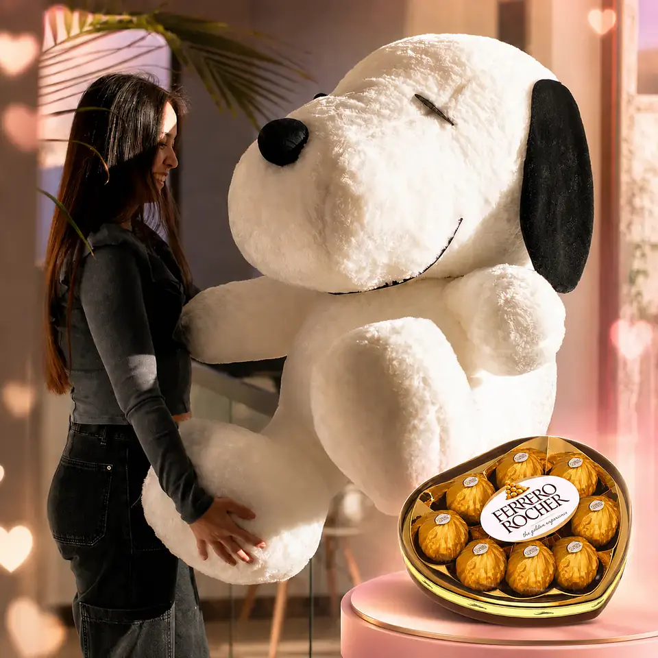 Pack Peluche Snoopy Gigante 100 cm + Ferrero Rocher Corazón 8 Uds 1