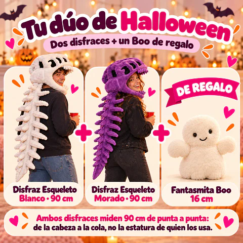 Pack Dúo Halloween | 2 Disfraces Esqueleto 90 cm + Fantasmita Boo de Regalo