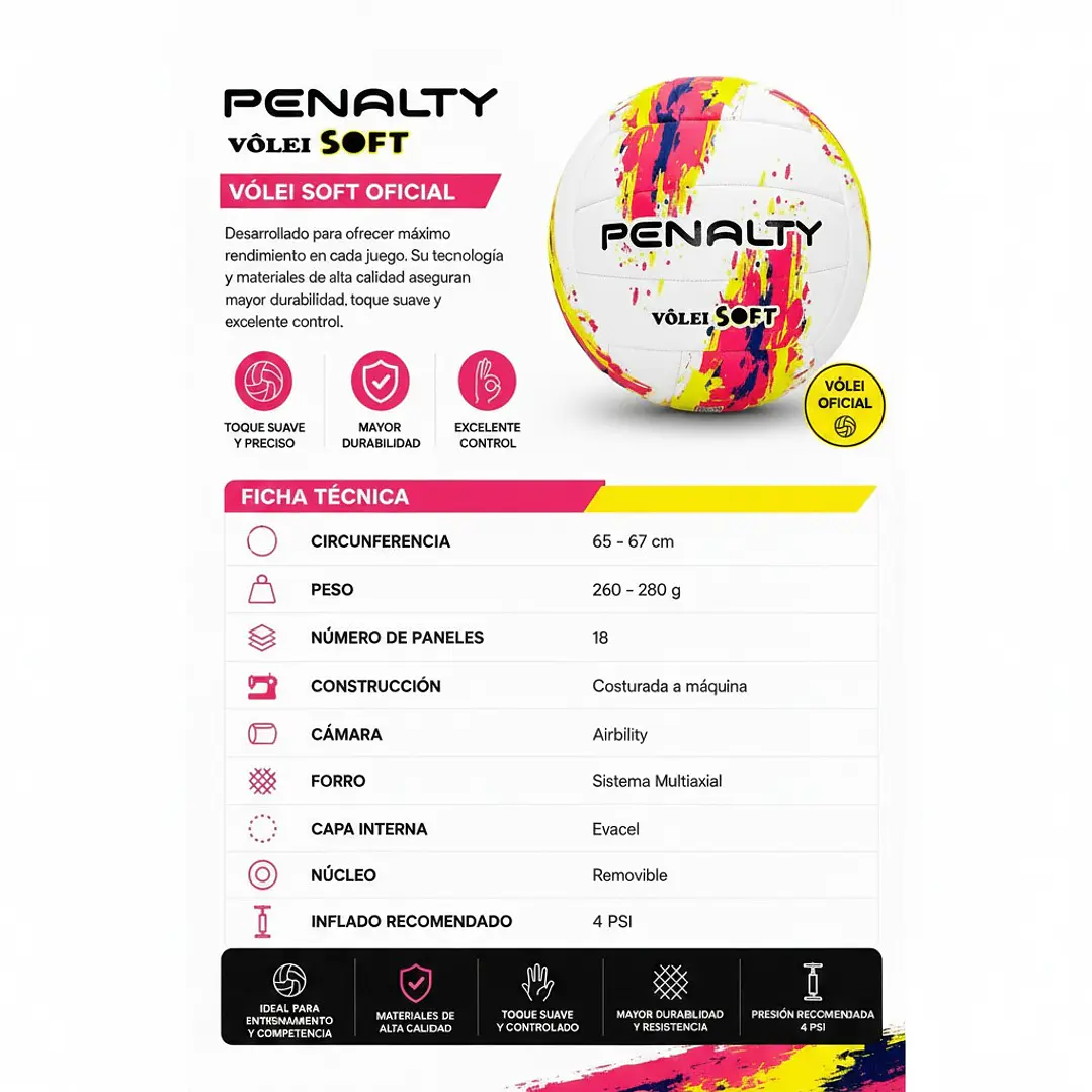 Balón de Voleyball Penalty Soft XXIII Blanco/Rosado 3