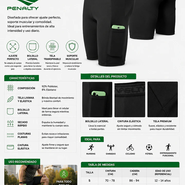 Calza Corta Penalty Skin 183 C/Bolsillo Negro 3