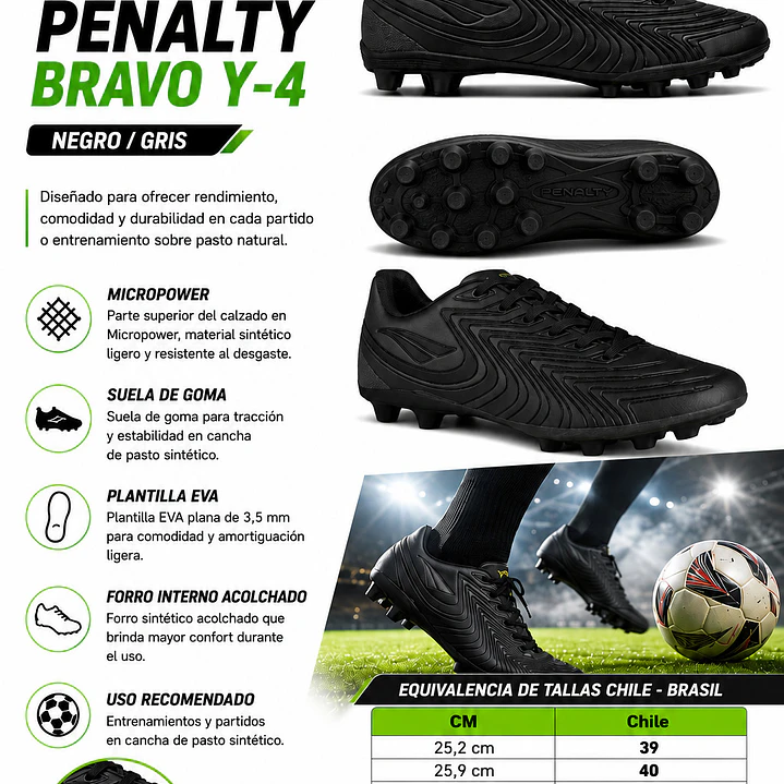 Zapato de Fútbol Penalty Bravo Y-4 Negro/Gris 6