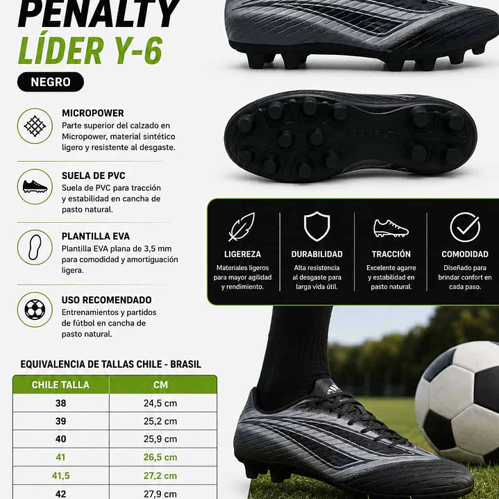 Zapato de Fútbol Penalty Líder Y-6 Negro 6