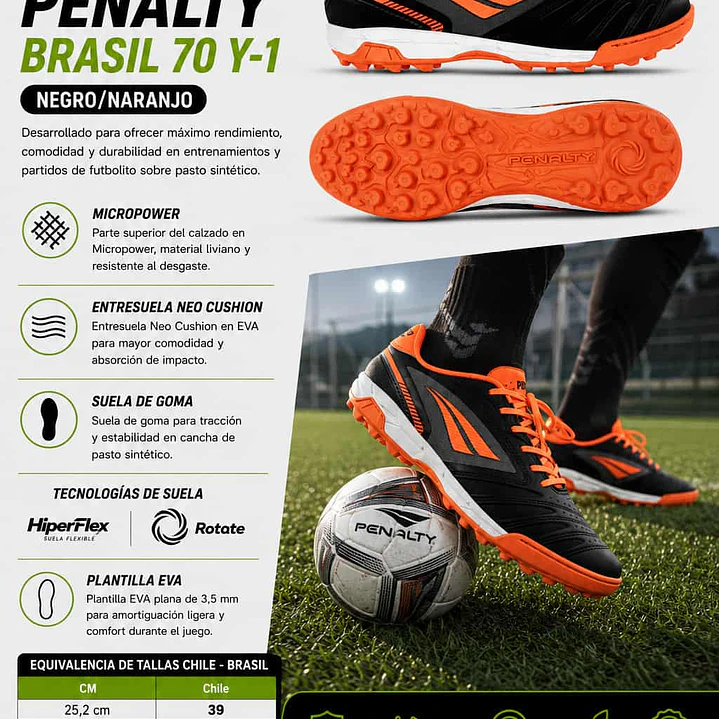 Zapato de Futbolito Penalty Brasil 70 Y-1 Negro/Naranjo 5