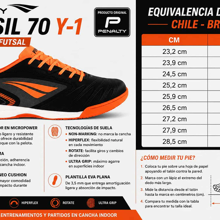 Zapato de Futsal Penalty Brasil 70 Y-1  Negro/Naranjo 8