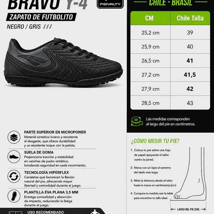 Zapato de Futbolito Penalty Bravo Y-4 Negro/Gris 9