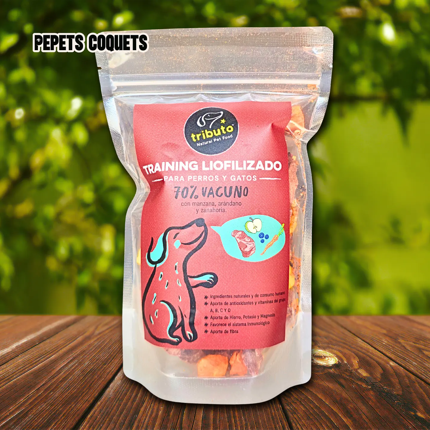 Training 70% Vacuno 30% manzana, zanahoria, arándano Snack natural TRIBUTO 100g 1