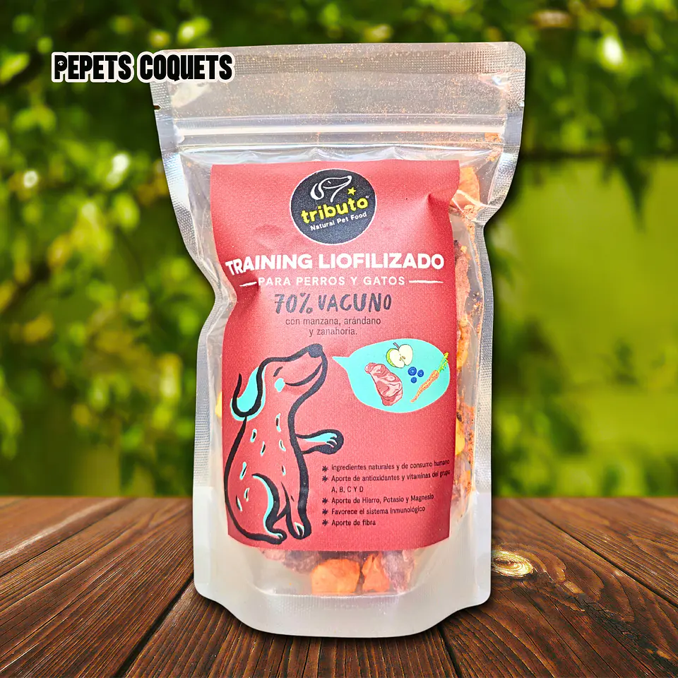 Training 70% Vacuno 30% manzana, zanahoria, arándano Snack natural TRIBUTO 100g 1