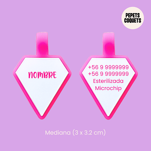 Diamantes luminosos (3 x 3.2 cm) Placa de identificación de mascotas - Fucsia / Cherry pink