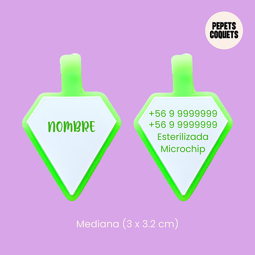 Diamantes luminosos (3 x 3.2 cm) Placa de identificación de mascotas - Verde