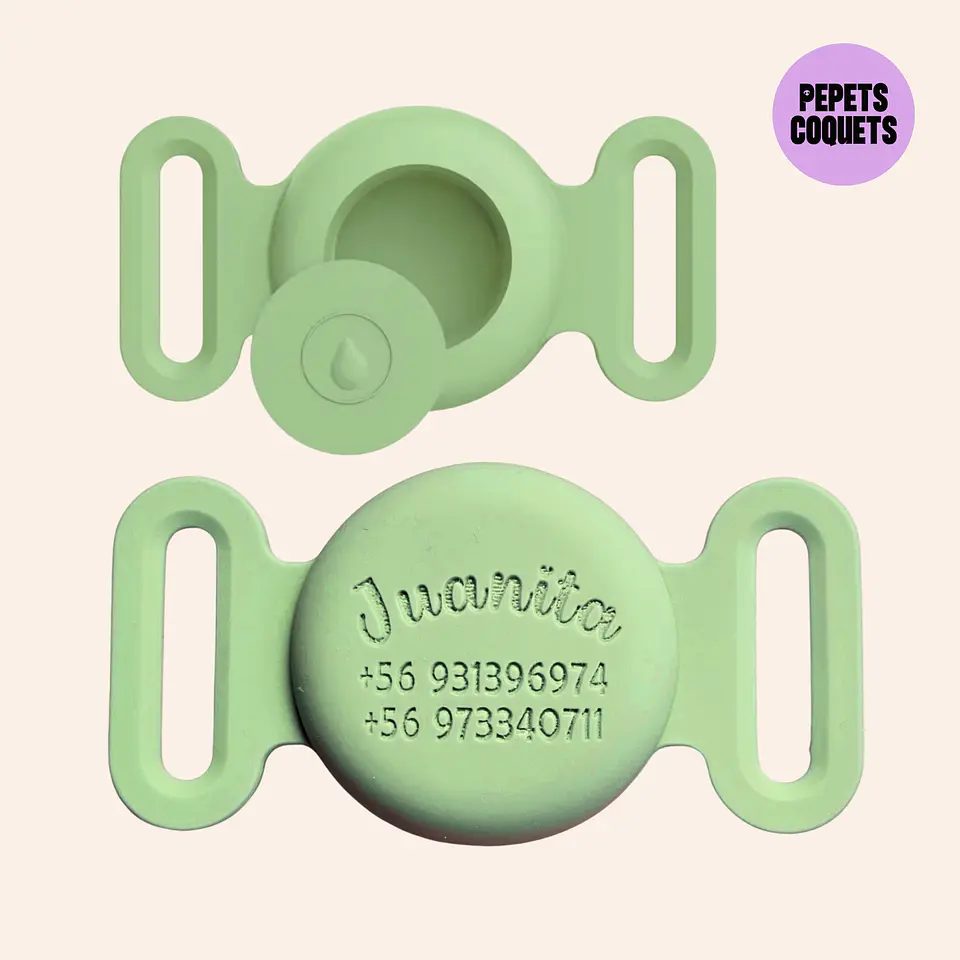 Porta Airtag - VERDE MATCHA (con grabado láser, identificación para mascotas) 1