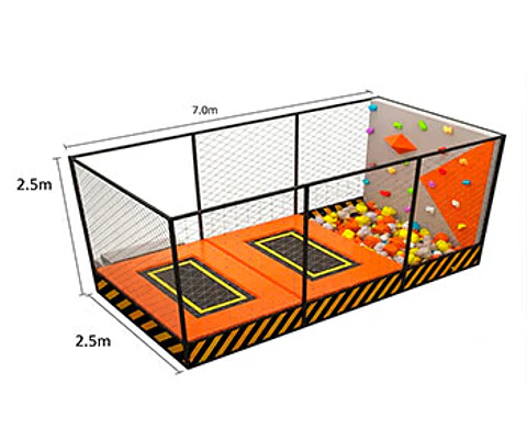 Cama de salto con muro de escalada y foso de espuma