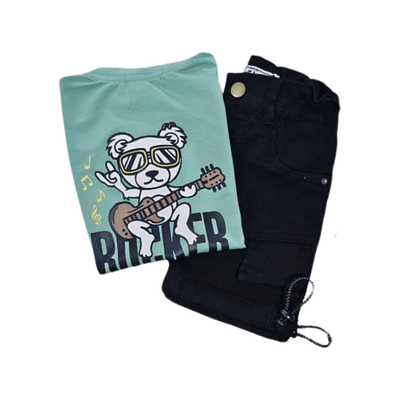 Conjunto bebe Fj Kids camiseta con estampado de oso y bermuda en dril - Verde Menta