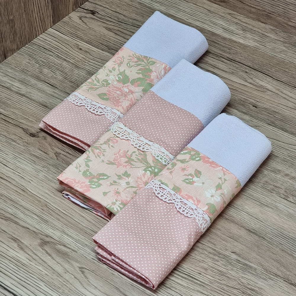 Trio de Panos Decorados - Flores em Rosé