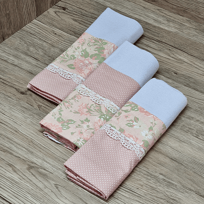 Trio de Panos Decorados - Flores em Rosé