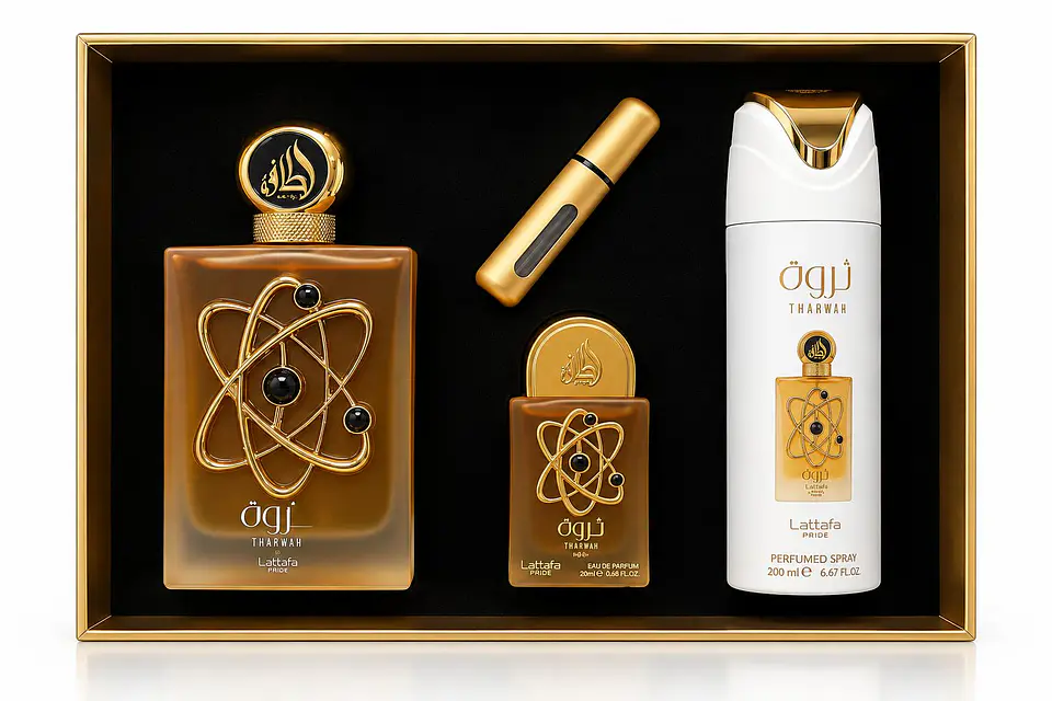 Lattafa Pride Tharwah – Coffret de Perfume Unissexo (4 Peças) 1