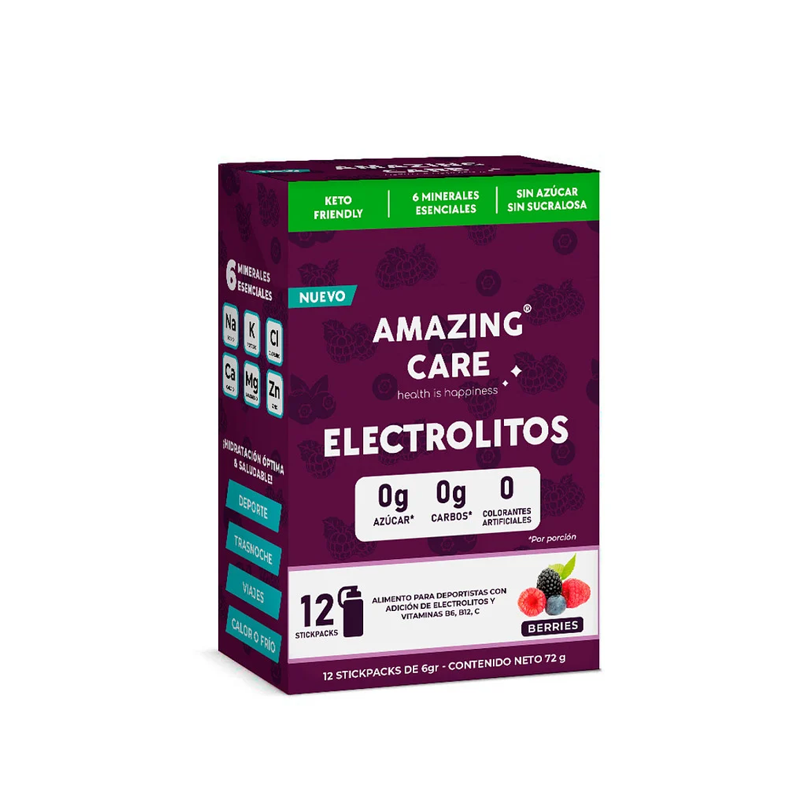 Amazing Care Bebida Electrolitos sabor Berries sin azúcar 12 sobres 6 gr, 1