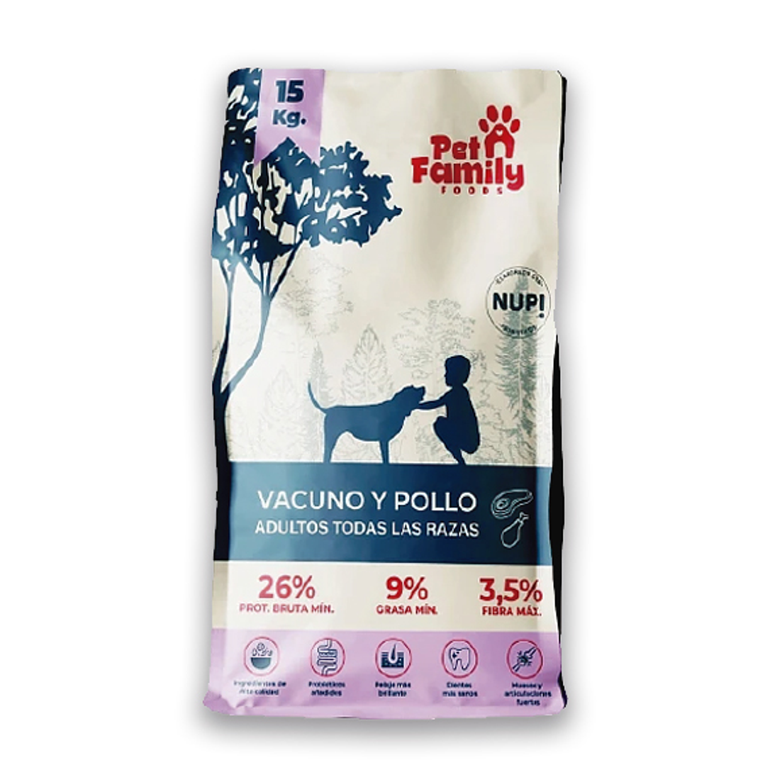 Petfamily Alimento Vacuno y Pollo todas las razas 5kg y 15kg 1