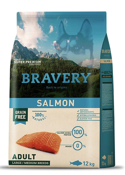 Bravery Libre de Granos Perro Adulto Raza Mediana/ Grande Receta Salmon 12kg