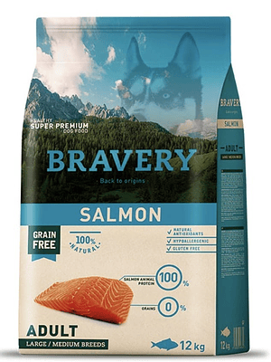 Bravery Libre de Granos Perro Adulto Raza Mediana/ Grande Receta Salmon 12kg