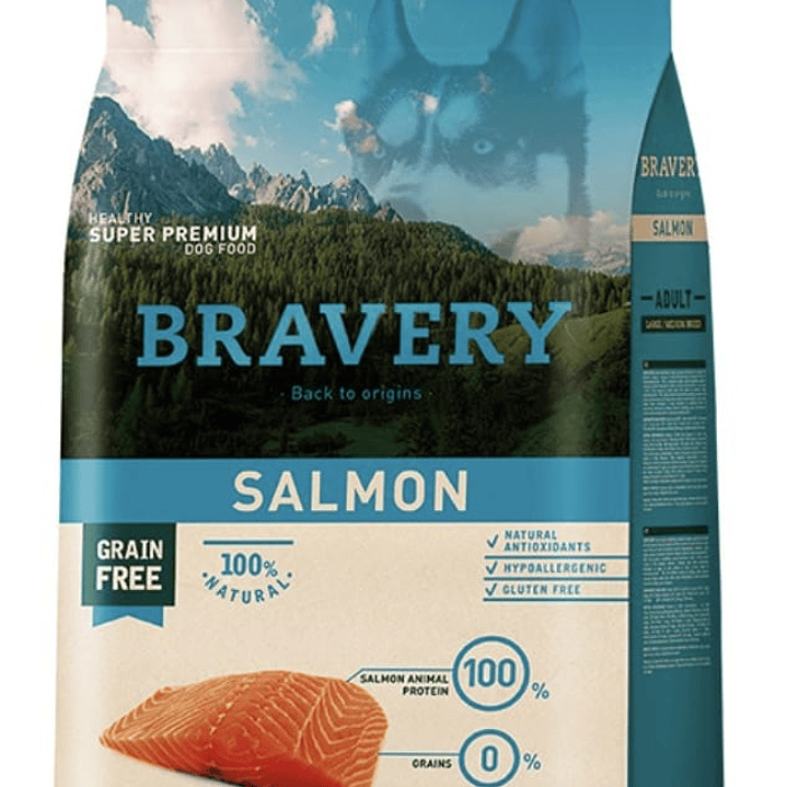 Bravery Libre de Granos Perro Adulto Raza Mediana/ Grande Receta Salmon 12kg 1