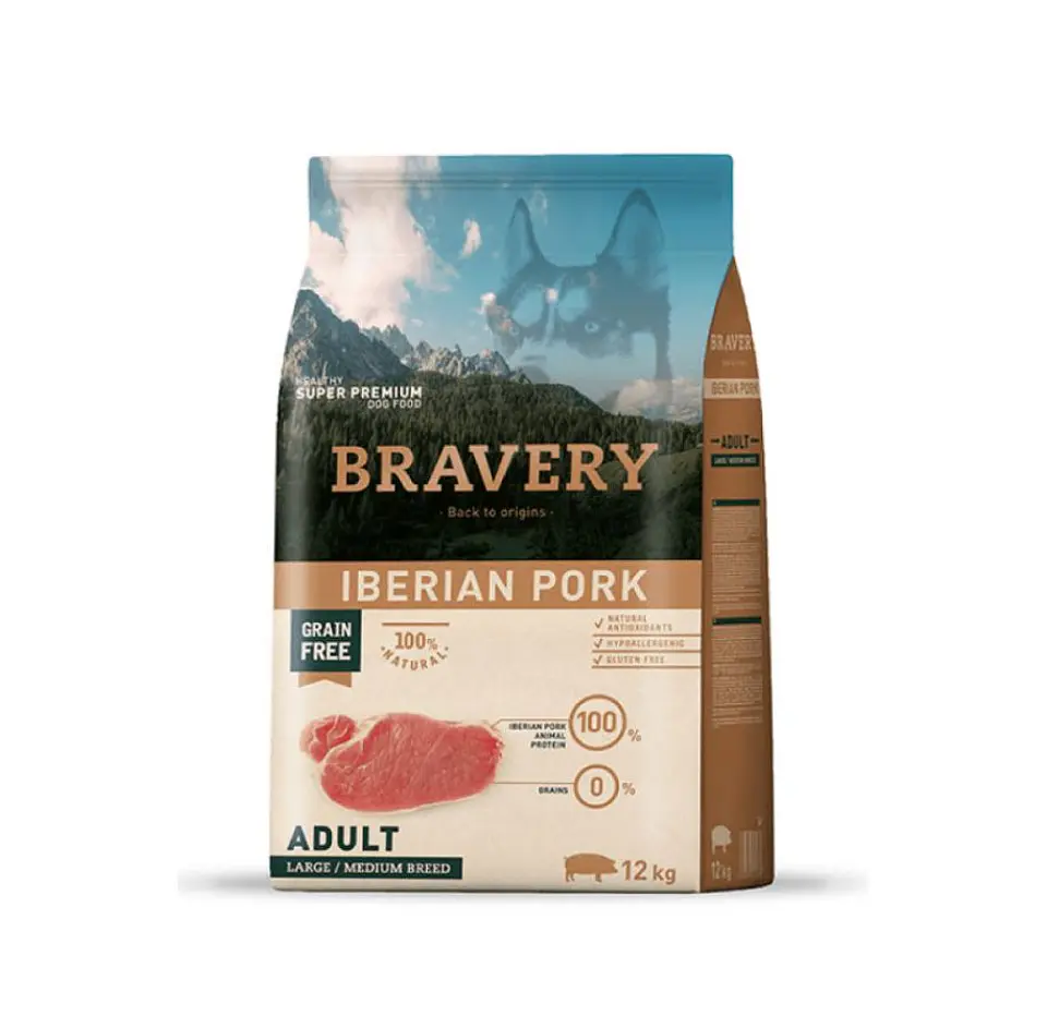 Bravery Libre de Granos Perro Adulto Raza Mediana/ Grande Receta Iberian Pork 12kg 1